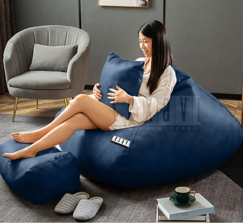 LEXAVI Brand® - Lifestyle Suits Your Home Decore |Suede Faux Leather Jumbo Beanbag Combo with Footrest & Pillow (Cover Only) |Capacity: Upto 5Ft Height, 90KG Weight |Color (3XL - Navy) - Image 1