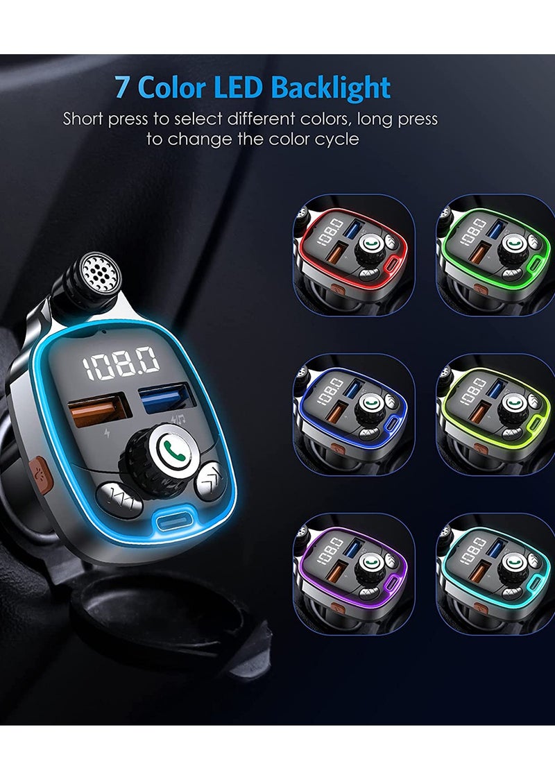 Bluetooth 5.0 FM Transmitter for Car, 7 Colors LED Backlit Car Radio Bluetooth Adapter,Type-C PD 18W  Dual-Port QC3.0 Fast USB Charger,Supports USB Flash Drive, TF Card - Image 5