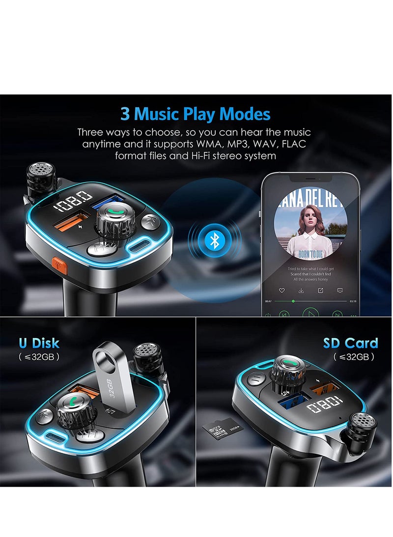 Bluetooth 5.0 FM Transmitter for Car, 7 Colors LED Backlit Car Radio Bluetooth Adapter,Type-C PD 18W  Dual-Port QC3.0 Fast USB Charger,Supports USB Flash Drive, TF Card - Image 4