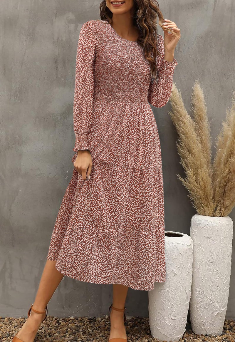 Zattcas Casual Puff Long Sleeve Floral Spring Fall Dresses for Women 2026 Flowy Boho Smocked Tiered Modest Church Work Winter Maternity Wedding Guest Midi Dress QC M - Image 2