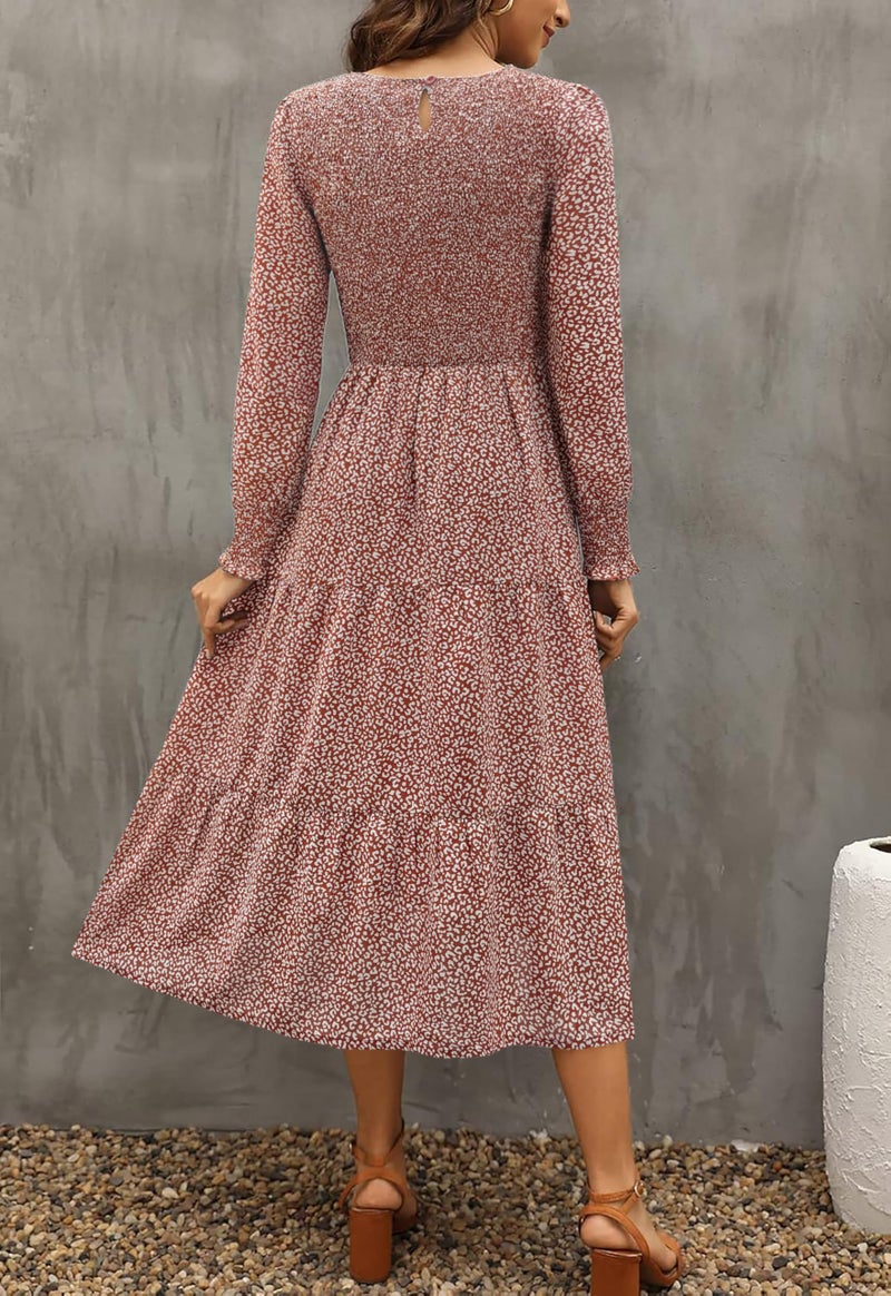 Zattcas Casual Puff Long Sleeve Floral Spring Fall Dresses for Women 2026 Flowy Boho Smocked Tiered Modest Church Work Winter Maternity Wedding Guest Midi Dress QC M - Image 3