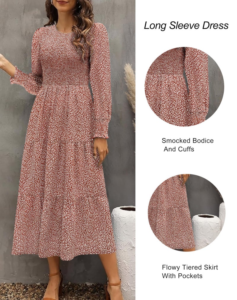 Zattcas Casual Puff Long Sleeve Floral Spring Fall Dresses for Women 2026 Flowy Boho Smocked Tiered Modest Church Work Winter Maternity Wedding Guest Midi Dress QC M - Image 4