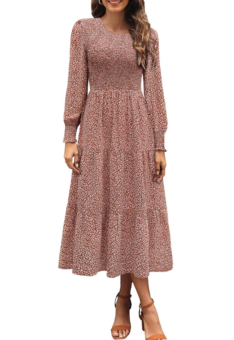Zattcas Casual Puff Long Sleeve Floral Spring Fall Dresses for Women 2026 Flowy Boho Smocked Tiered Modest Church Work Winter Maternity Wedding Guest Midi Dress QC M - Image 1