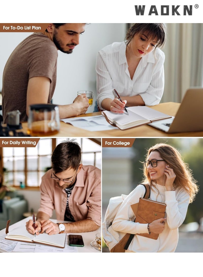دبليو أيه أو كي أن براون A5 مبطنة الجلود مفكرة يوميات ، شخصية غلاف فني مع مجموعة القلم هدية مربع ، 200 صفحة 100gsm سميكة مسطرة الورق للرجال والنساء يوميات المدرسة ، والسفر ، والأعمال التجارية ، والعمل ، والأسرة الكتابة - Image 4