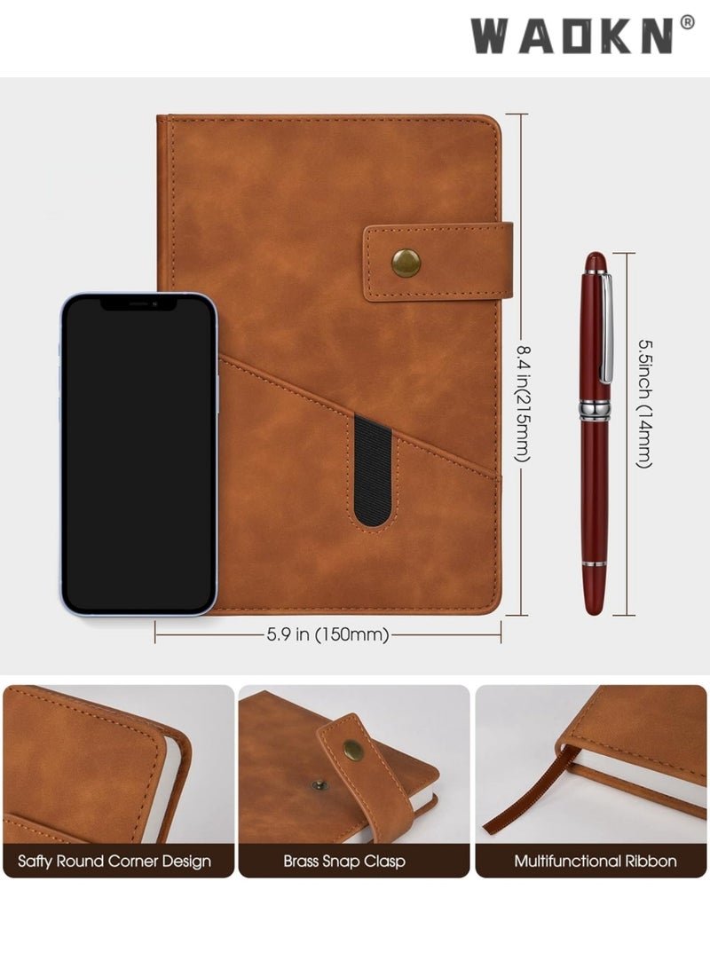 دبليو أيه أو كي أن براون A5 مبطنة الجلود مفكرة يوميات ، شخصية غلاف فني مع مجموعة القلم هدية مربع ، 200 صفحة 100gsm سميكة مسطرة الورق للرجال والنساء يوميات المدرسة ، والسفر ، والأعمال التجارية ، والعمل ، والأسرة الكتابة - Image 2