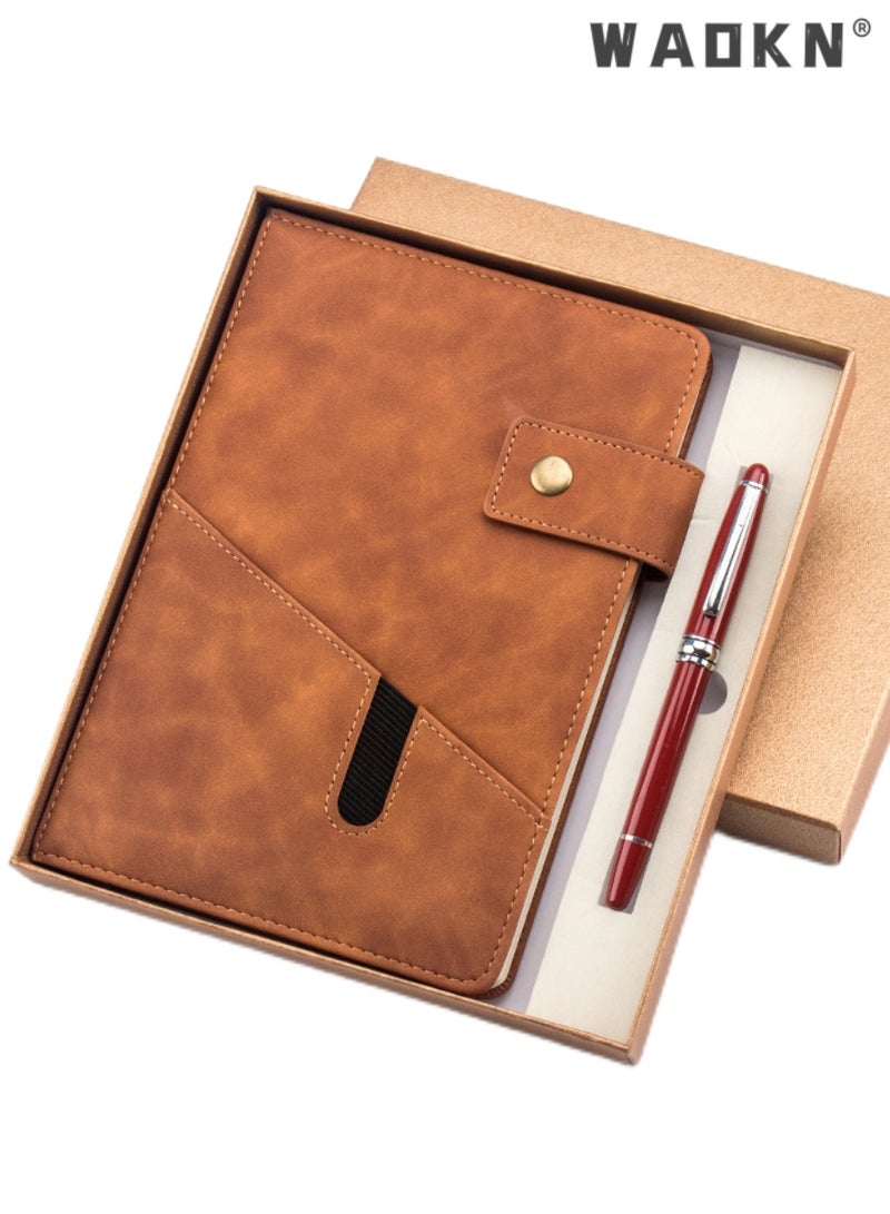 دبليو أيه أو كي أن براون A5 مبطنة الجلود مفكرة يوميات ، شخصية غلاف فني مع مجموعة القلم هدية مربع ، 200 صفحة 100gsm سميكة مسطرة الورق للرجال والنساء يوميات المدرسة ، والسفر ، والأعمال التجارية ، والعمل ، والأسرة الكتابة - Image 1