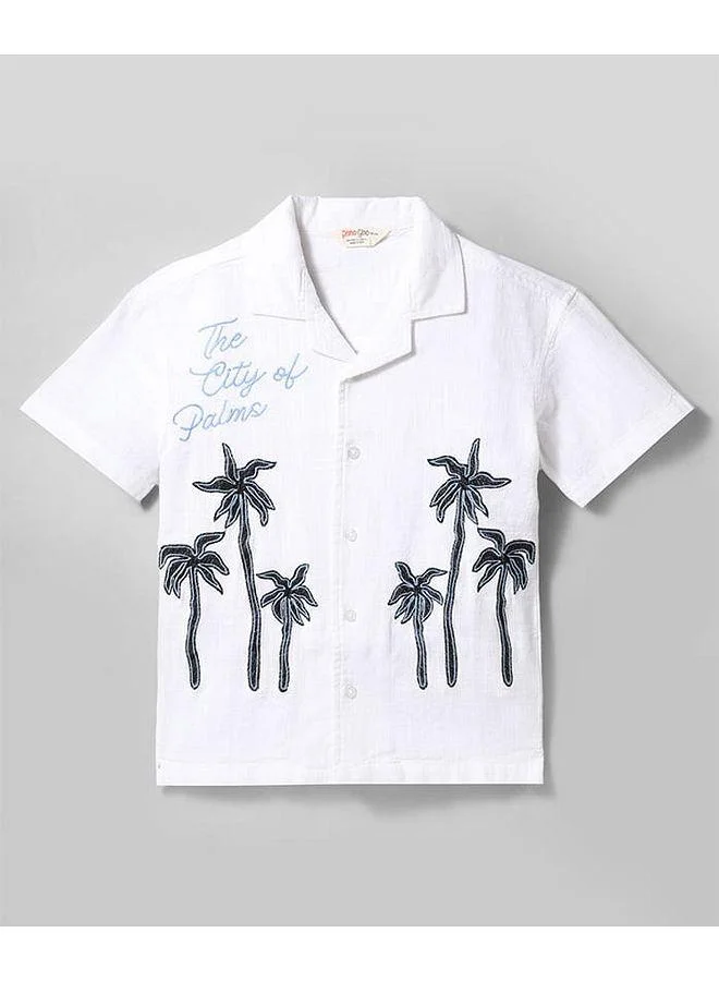 Primo Gino Primo Gino Woven 100% Cotton Slub Resort Collar Dropped Shoulder Shirt With Palm Tree Embroidery Details - White