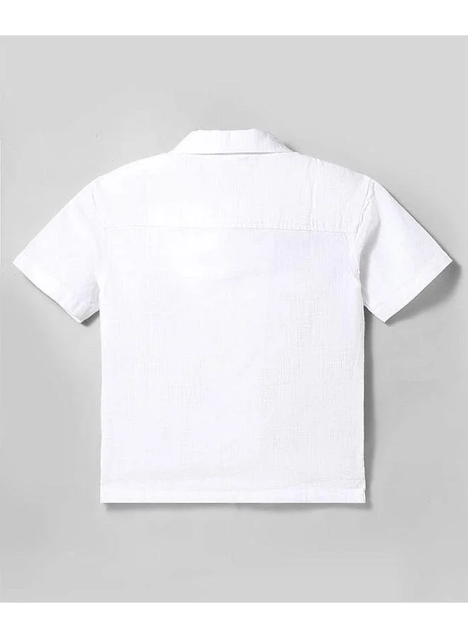 Primo Gino Primo Gino Woven 100% Cotton Slub Resort Collar Dropped Shoulder Shirt With Palm Tree Embroidery Details - White