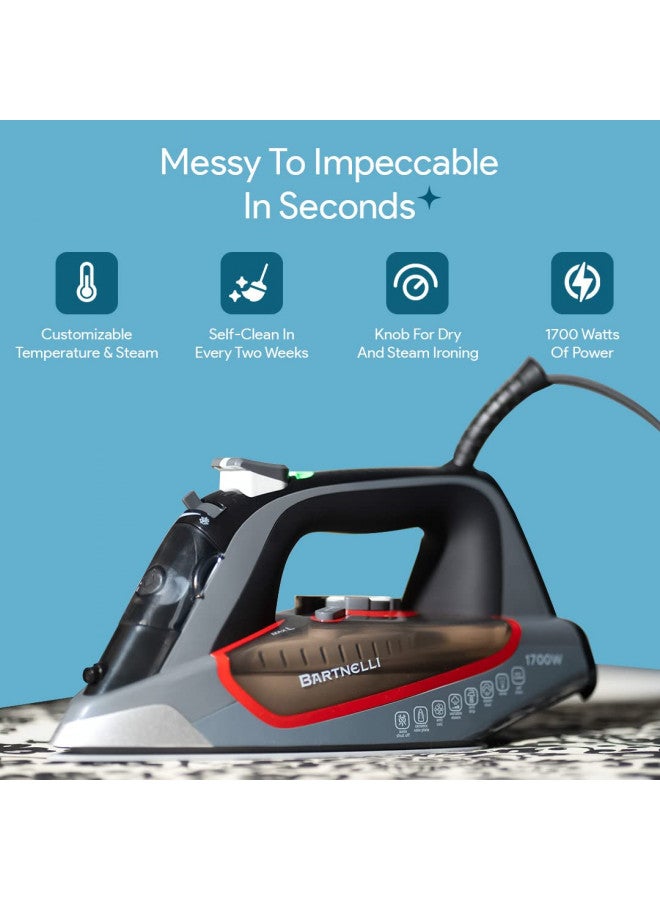 Bartnelli مكواة بخار فاخرة من بارتنيلي برو للملابس | تقنية بخار قوية جديدة | قاعدة سيراميك غير لاصقة، 1700 واط مع إيقاف تلقائي ثلاثي الاتجاهات، جودة بناء ممتازة ومتانة - Image 3