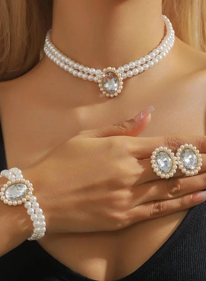 Take Two 3-Piece Round Rhinestone Drop Faux Pearl Embellished Layered Necklace, Bracelet and Earrings Jewelry Set