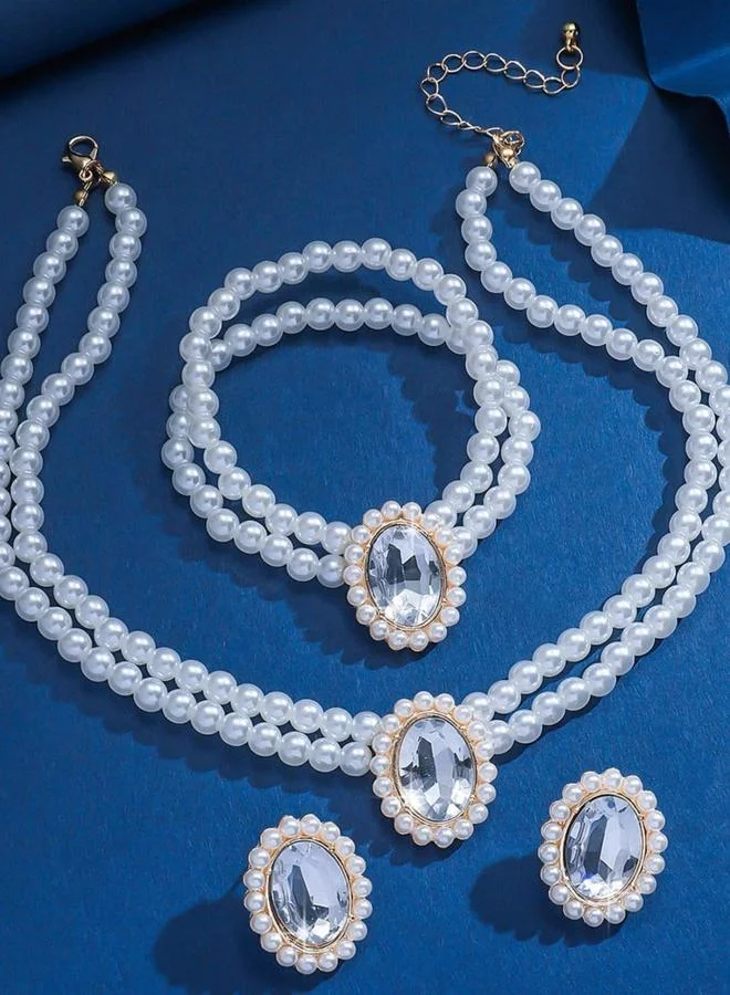 Take Two 3-Piece Round Rhinestone Drop Faux Pearl Embellished Layered Necklace, Bracelet and Earrings Jewelry Set