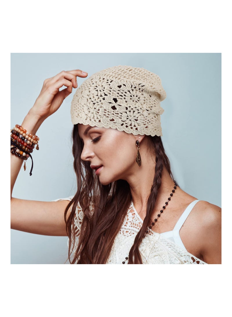 SYOSI 2 Pieces Floral Crochet Slouchy Beanie Hat Handmade Knit Cutout Women Floral Skull Cap Stretchy Knitted Crochet Hat for Women - Image 4