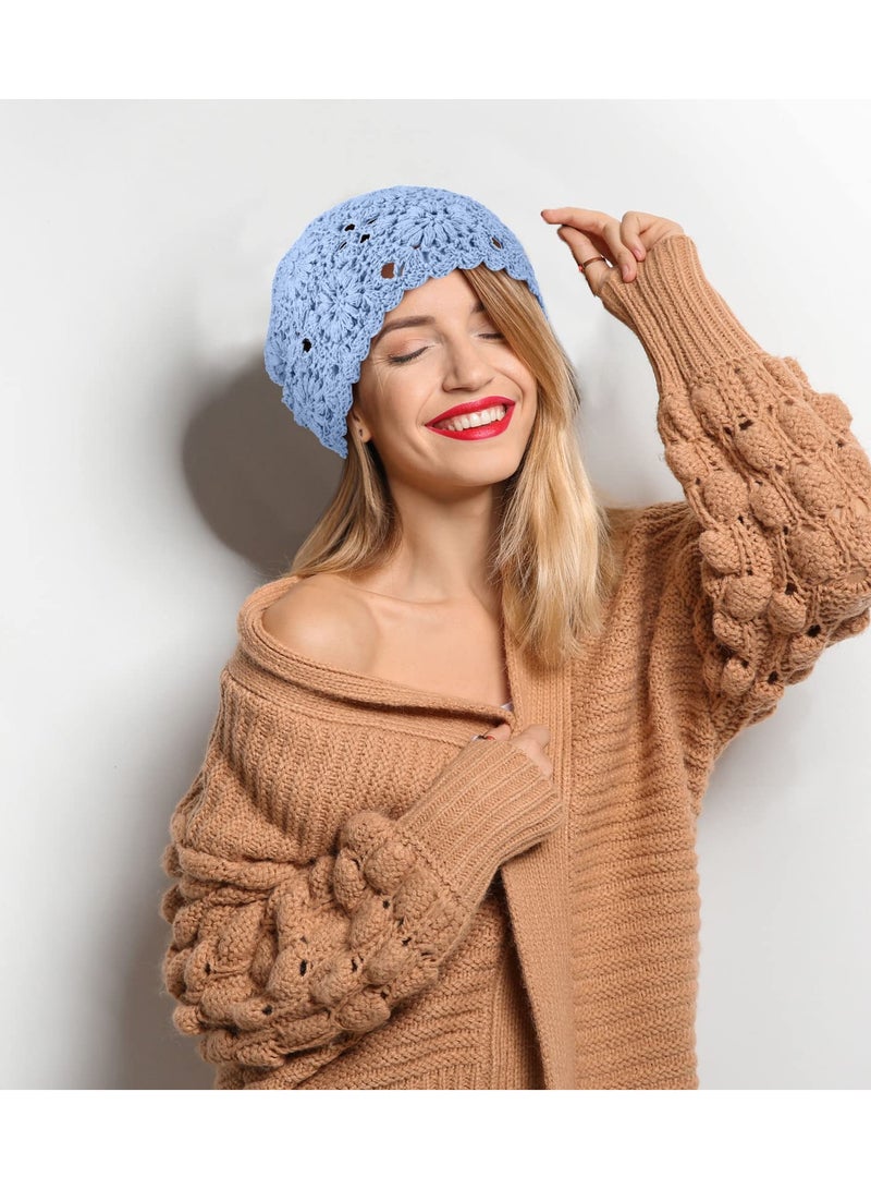 SYOSI 2 Pieces Floral Crochet Slouchy Beanie Hat Handmade Knit Cutout Women Floral Skull Cap Stretchy Knitted Crochet Hat for Women - Image 5