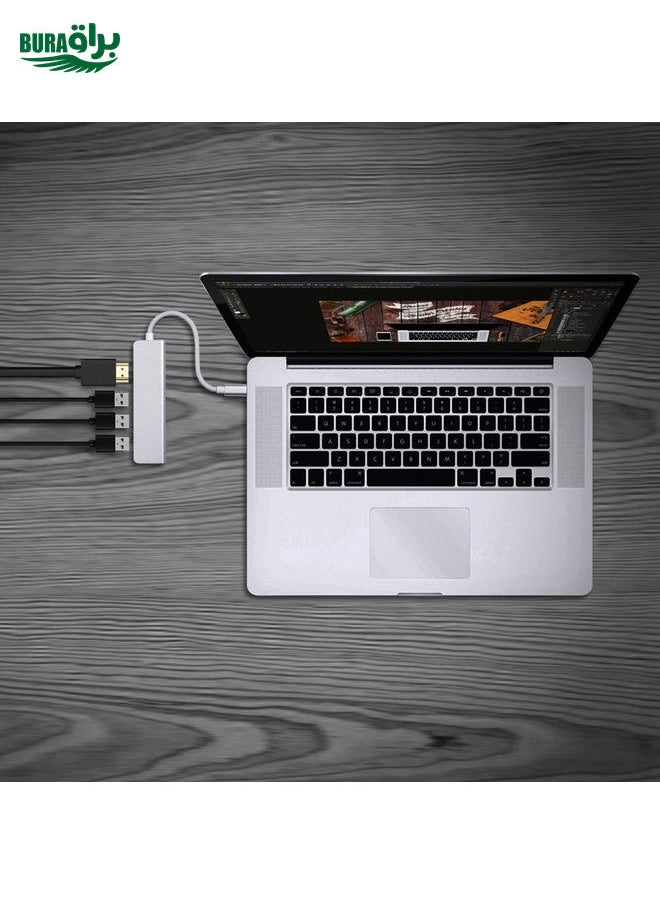 BURAQ - USB-C Hub, Type-C Adapter To HDMI,3 USB 3.0, Portable Aluminum USB C Dongle For MacBook Pro 2018/2017/2016 Chromebook Pixel, DELL XPS13 - Image 1