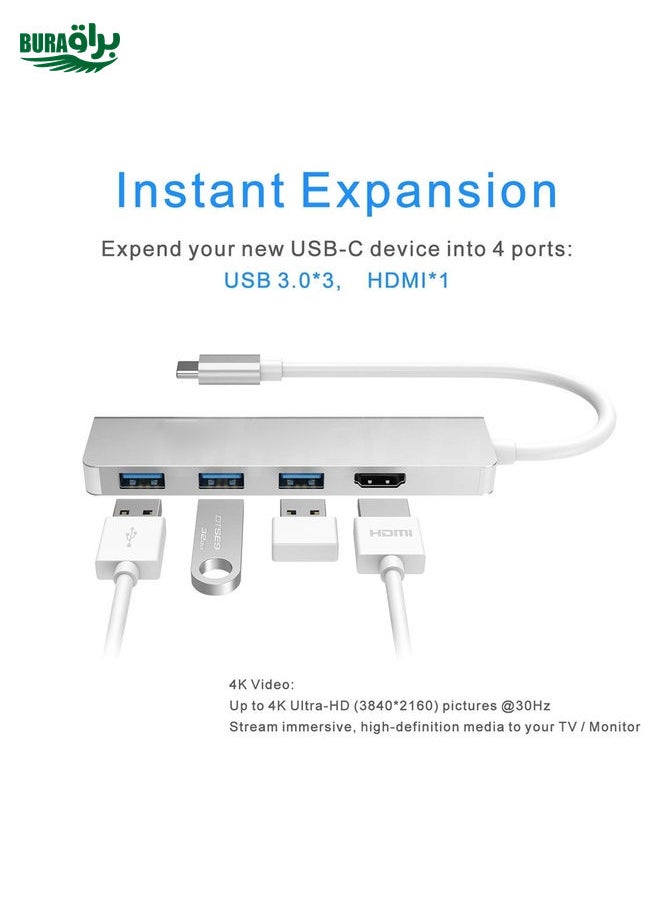 BURAQ - USB-C Hub, Type-C Adapter To HDMI,3 USB 3.0, Portable Aluminum USB C Dongle For MacBook Pro 2018/2017/2016 Chromebook Pixel, DELL XPS13 - Image 1