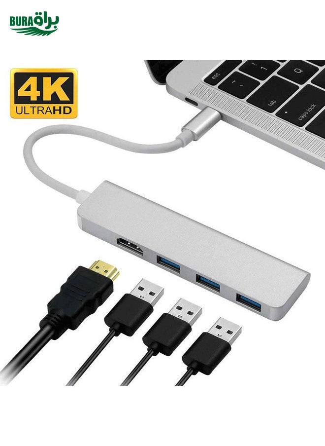 BURAQ - USB-C Hub, Type-C Adapter To HDMI,3 USB 3.0, Portable Aluminum USB C Dongle For MacBook Pro 2018/2017/2016 Chromebook Pixel, DELL XPS13 - Image 1
