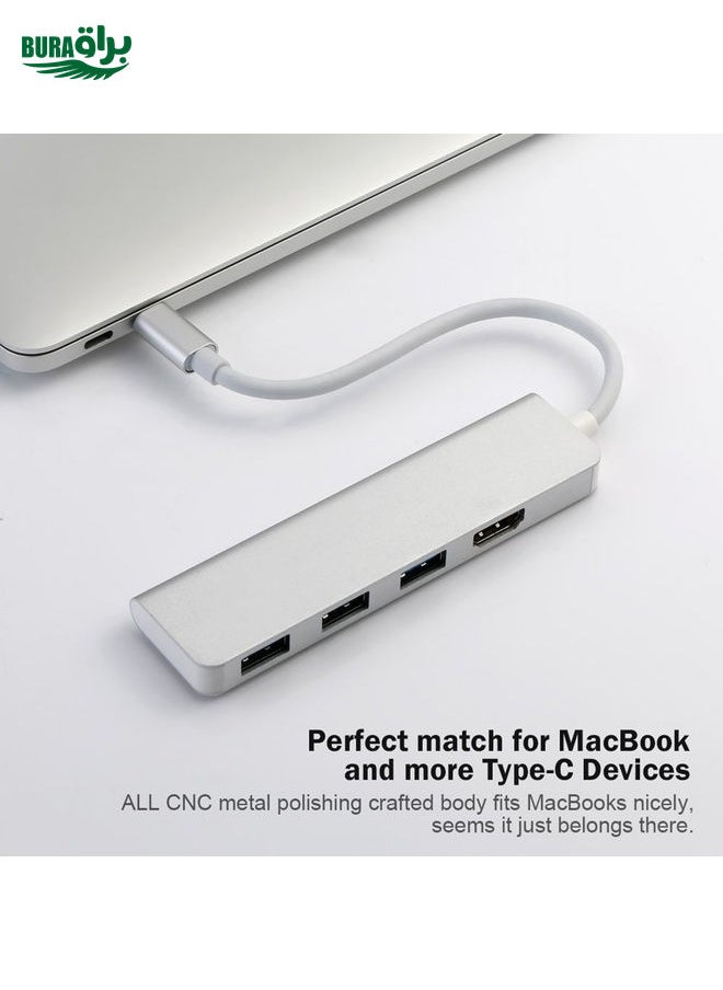 BURAQ - USB-C Hub, Type-C Adapter To HDMI,3 USB 3.0, Portable Aluminum USB C Dongle For MacBook Pro 2018/2017/2016 Chromebook Pixel, DELL XPS13 - Image 1