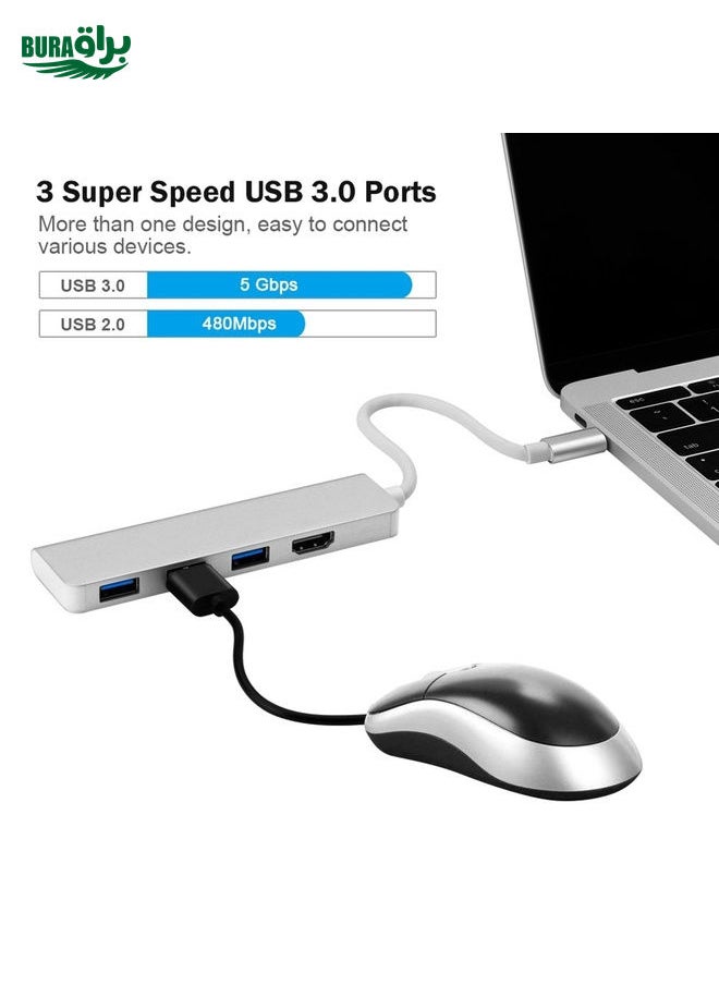 BURAQ - USB-C Hub, Type-C Adapter To HDMI,3 USB 3.0, Portable Aluminum USB C Dongle For MacBook Pro 2018/2017/2016 Chromebook Pixel, DELL XPS13 - Image 1