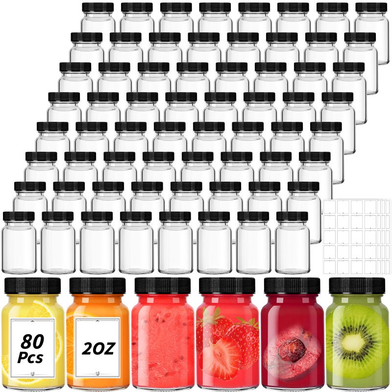 UZLU 80 Pack 2 oz Glass Shot Bottles with Black Lids Small Clear Glass Jar for Ginger Shot Mini Juice Bottle Reusable Wide Mouth Travel Cup Leakage-Proof with Labels for Wellness Juice Milk Potion Liquids - Image 1