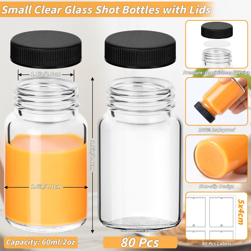 UZLU 80 Pack 2 oz Glass Shot Bottles with Black Lids Small Clear Glass Jar for Ginger Shot Mini Juice Bottle Reusable Wide Mouth Travel Cup Leakage-Proof with Labels for Wellness Juice Milk Potion Liquids - Image 2