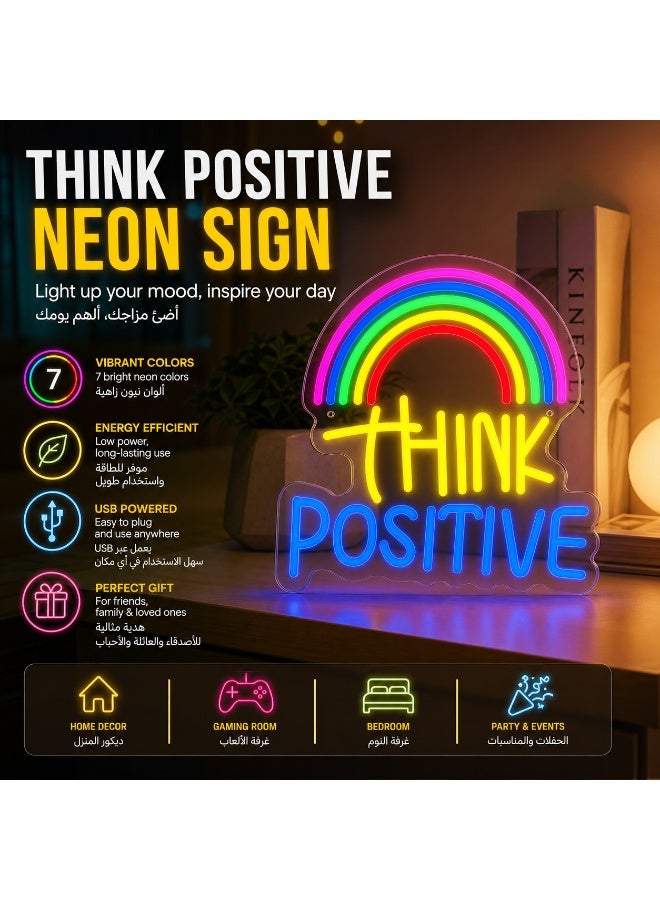 لوحة نيون "THINK POSITIVE" مع قوس قزح LED تعمل بـ USB - ديكور ملون لغرفة النوم، غرفة الألعاب والمكتب، إضاءة تحفيزية وهدية مثالية. - Image 5