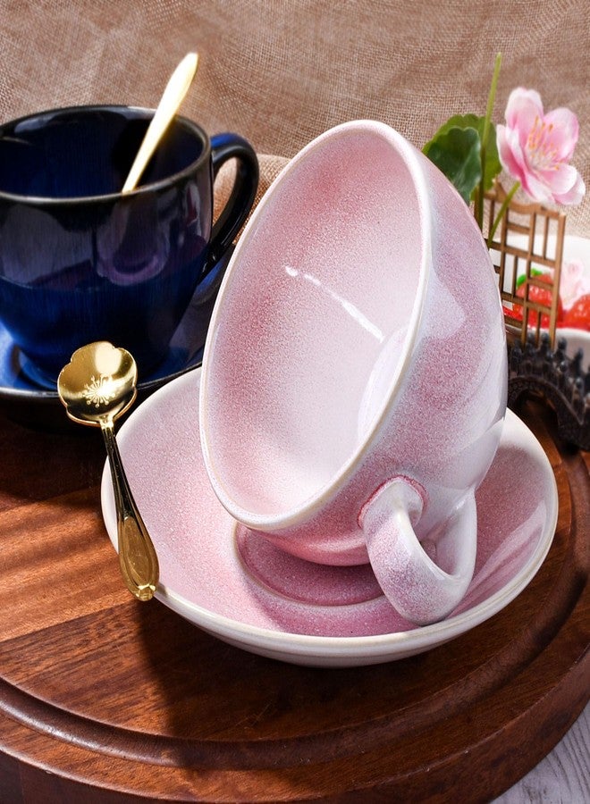BOSILI Reactive Pink Ceramic Coffee Cup and Saucer Set with Golden Spoon, 10oz Gradient Glaze Porcelain Tea Cup Set, Aesthetic Latte Cup for Home & Office - Image 3
