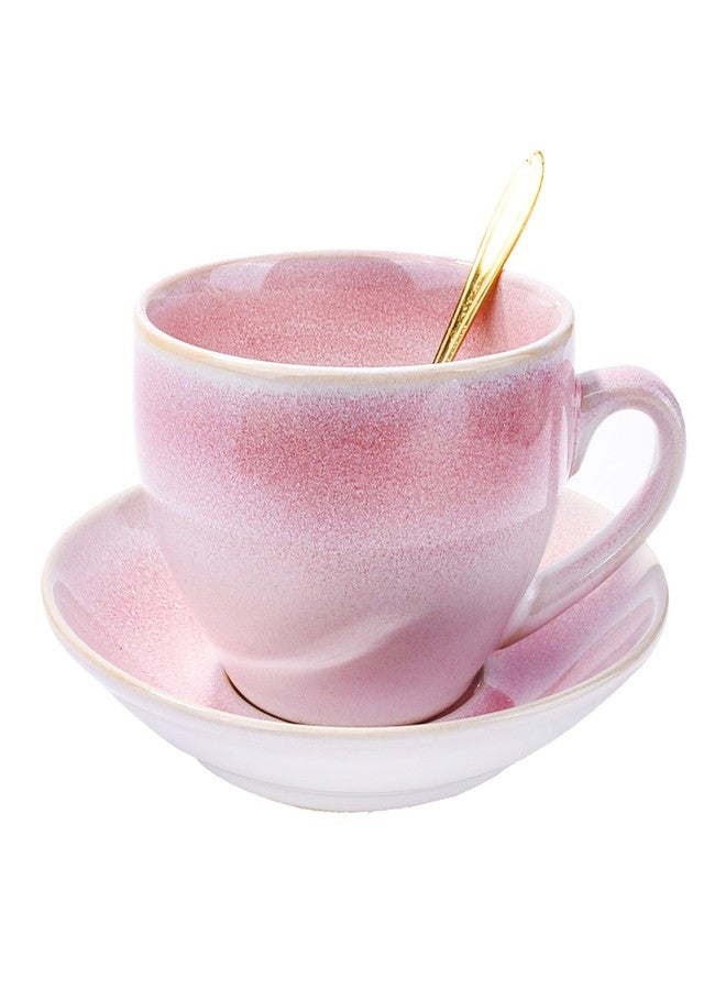 BOSILI Reactive Pink Ceramic Coffee Cup and Saucer Set with Golden Spoon, 10oz Gradient Glaze Porcelain Tea Cup Set, Aesthetic Latte Cup for Home & Office - Image 1