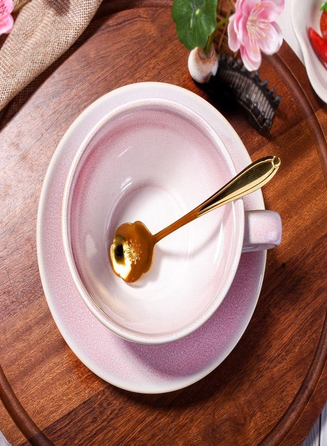 BOSILI Reactive Pink Ceramic Coffee Cup and Saucer Set with Golden Spoon, 10oz Gradient Glaze Porcelain Tea Cup Set, Aesthetic Latte Cup for Home & Office - Image 5