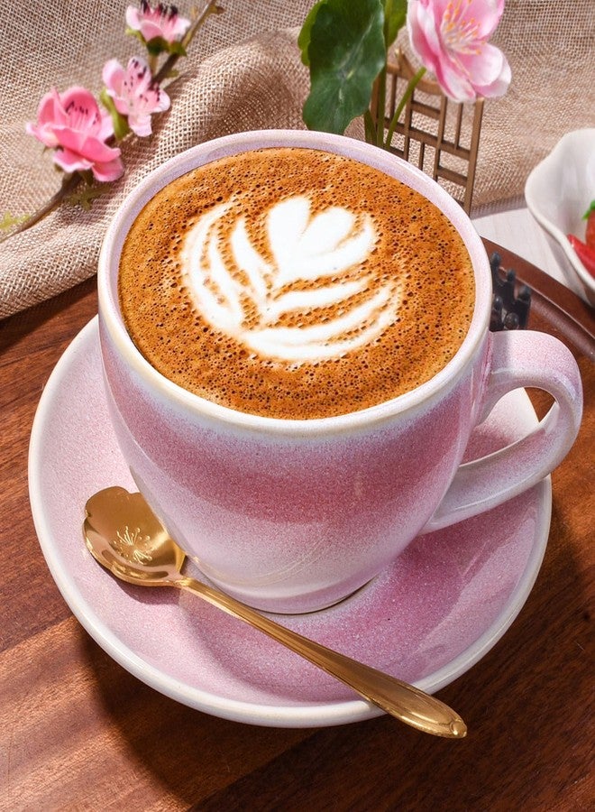 BOSILI Reactive Pink Ceramic Coffee Cup and Saucer Set with Golden Spoon, 10oz Gradient Glaze Porcelain Tea Cup Set, Aesthetic Latte Cup for Home & Office - Image 2