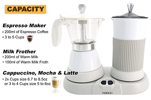 FUOCCI Electric Moka Pot & Milk Frother – 3-Cup (150 ml) Modern Espresso Maker with Built-in Steamer for Coffee, Cappuccino, Latte, Mocha & Cuban | Cafetera Eléctrica Modernas, White - Image 2