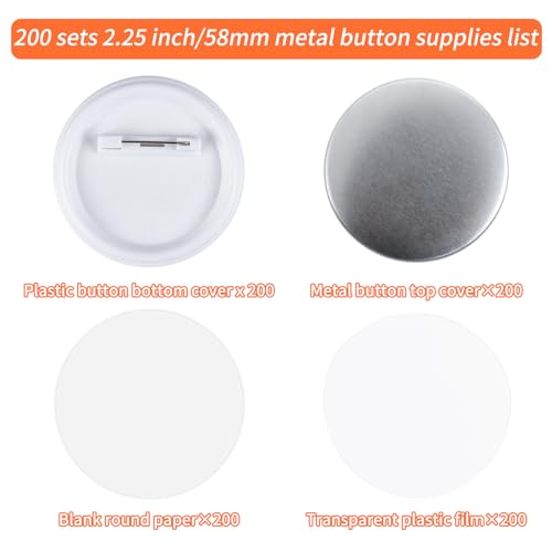 MK.Bear 200 Sets 58mm/2.25 inch Button Maker Supplies, Pin Back Button Parts for Button Maker Machine 58mm, Including Metal Covers, Plastic Back Covers, Clear Plastic Film&Blank Paper - Image 2