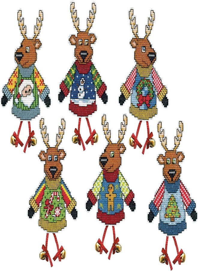 DesignWorks Ink Design Works Ugly Sweater Reindeer Counted Cross Stitch Ornament Kit, 4" Each, Multicolored - Image 1