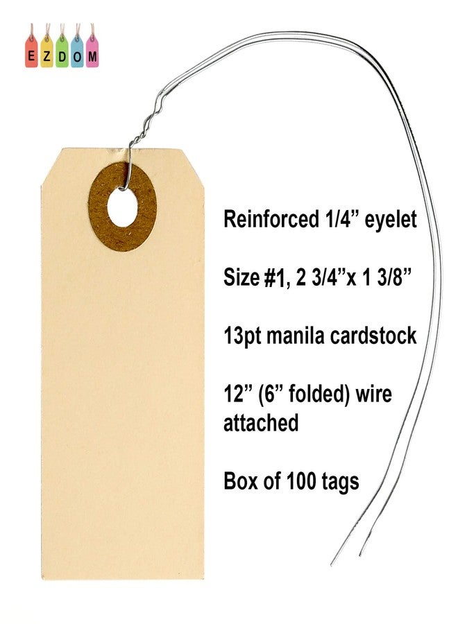 EZDOM Manila Shipping Tags with Wire #1-2 3/4” x 1 3/8” - Box of 100 Paper Tags with Wire Ties Attached and Reinforced Hole, Small Pre-Wired Shipping Tags - Image 2