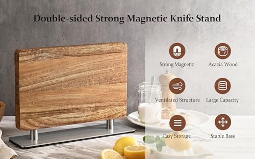 HEZHEN Strong Double Sided Magnetic Knife Block Without Knives, with Acacia Wood+430 Stainless Steel Base，Magnetic Universal Stands with Strong Enhanced Magnets Strip Kitchen Storage Cutlery Large Organizer - Image 4