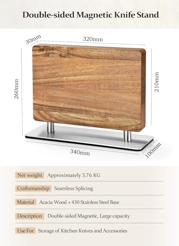 HEZHEN Strong Double Sided Magnetic Knife Block Without Knives, with Acacia Wood+430 Stainless Steel Base，Magnetic Universal Stands with Strong Enhanced Magnets Strip Kitchen Storage Cutlery Large Organizer - Image 2