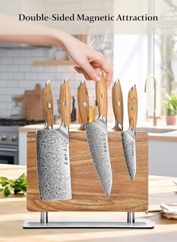 HEZHEN Strong Double Sided Magnetic Knife Block Without Knives, with Acacia Wood+430 Stainless Steel Base，Magnetic Universal Stands with Strong Enhanced Magnets Strip Kitchen Storage Cutlery Large Organizer - Image 5