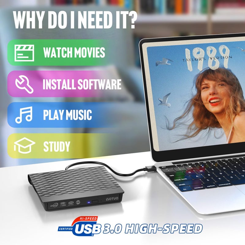 YOTUO External CD/DVD Drive, Portable USB 3.0 & USB-C CD RW Drive, DVD Player, DVD Burner for Laptop, Desktop, Compatible with Windows 7/8/10/11, Mac, MacBook Pro/Air, Linux (IDD023-2) - Image 2