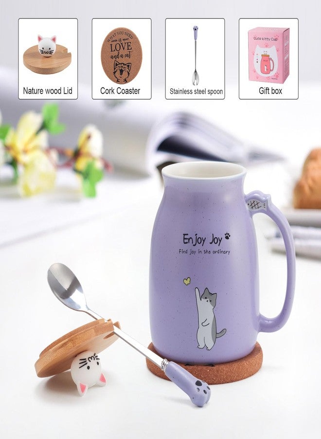 Feify Cute Cat Cup Ceramic Coffee Mug with Kawaii Cat Wooden Lid, Lovely Stainless Steel Spoon, Anime Kitty Thicken Wooden Coaster, Christmas Birthday Cute Thing Japanese Mug 16oz (Purple) - Image 4