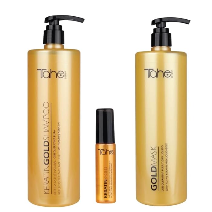 TAHE Keratin Gold Shampoo(1000ml), Mask(1000ml), and Serum(30ml) Set , New Presentation - Image 1