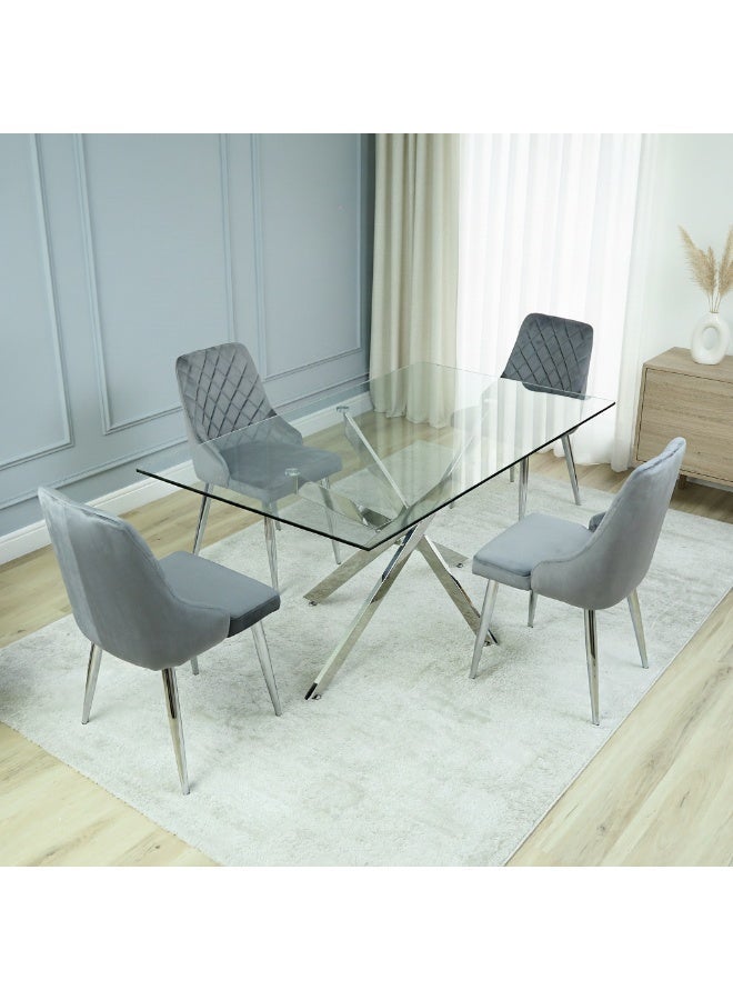 VANITY LIVING Large Dining Table Set for 4, Modern Davos Chrome Frame and Glass Top Dinner Breakfast Table + 4 Milan Grey Velvet Dining Chairs for Kitchen and Dining Room - Image 1