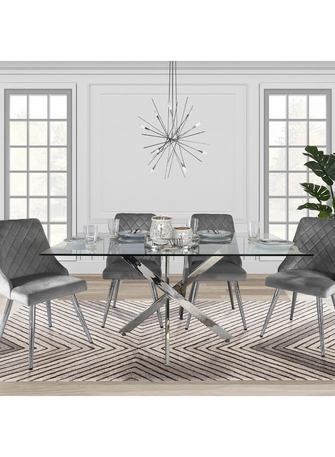 VANITY LIVING Large Dining Table Set for 4, Modern Davos Chrome Frame and Glass Top Dinner Breakfast Table + 4 Milan Grey Velvet Dining Chairs for Kitchen and Dining Room - Image 3