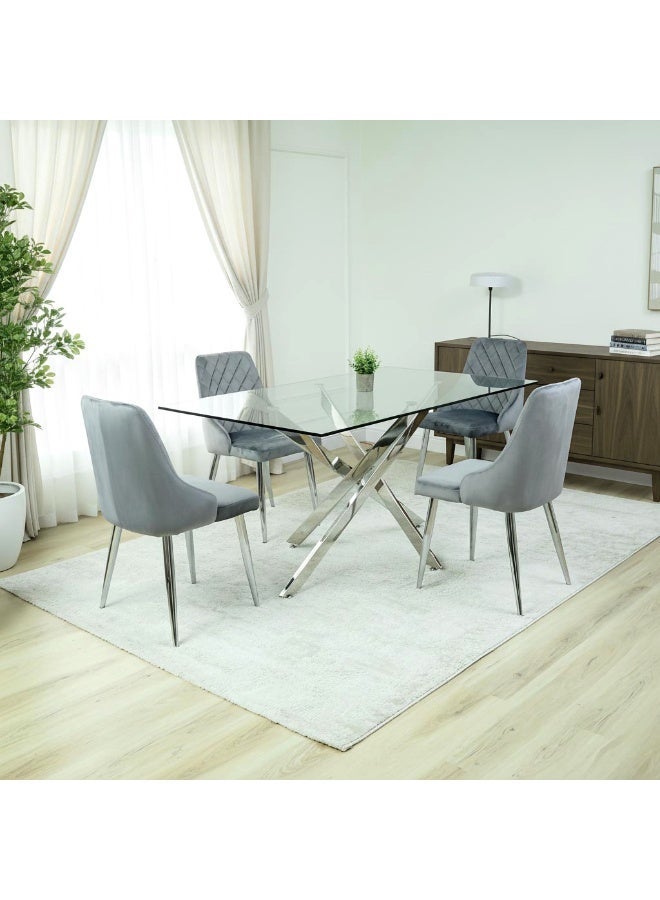 VANITY LIVING Large Dining Table Set for 4, Modern Davos Chrome Frame and Glass Top Dinner Breakfast Table + 4 Milan Grey Velvet Dining Chairs for Kitchen and Dining Room - Image 2