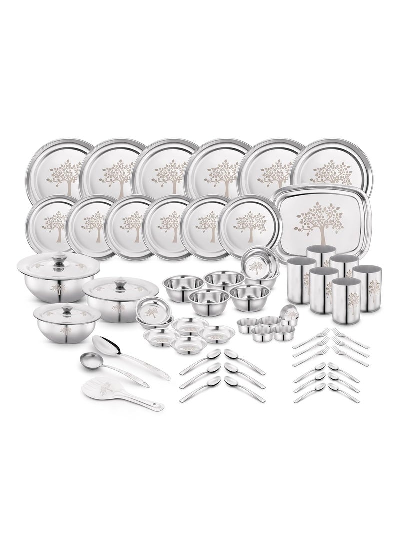 Classic Essentials Classic Essentials Stainless Steel Dinner Set | Heavy Gauge Stainless Steel Dinner Set | Kitchen Set for Home | Shagun Set | Vriksha Laser Printed Design, Set of 61  - Image 1