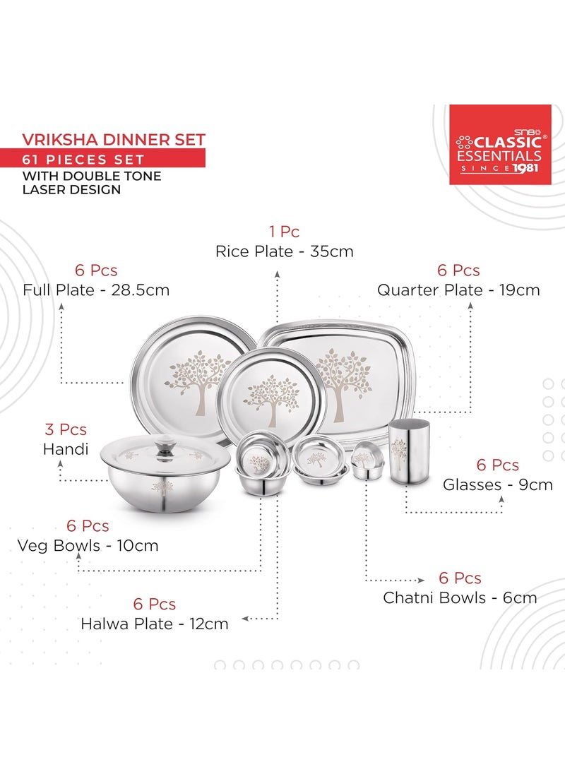 Classic Essentials Classic Essentials Stainless Steel Dinner Set | Heavy Gauge Stainless Steel Dinner Set | Kitchen Set for Home | Shagun Set | Vriksha Laser Printed Design, Set of 61  - Image 4