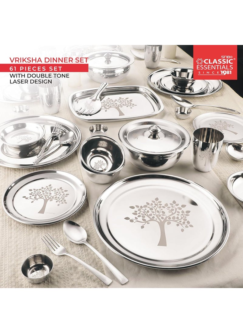 Classic Essentials Classic Essentials Stainless Steel Dinner Set | Heavy Gauge Stainless Steel Dinner Set | Kitchen Set for Home | Shagun Set | Vriksha Laser Printed Design, Set of 61  - Image 2