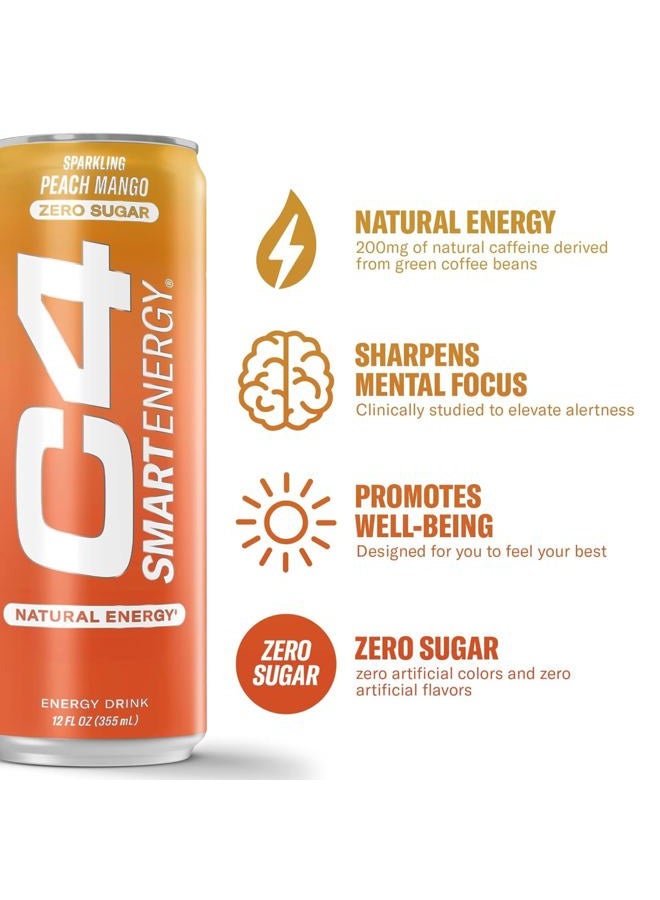 CELLUCOR C4 Smart Energy Drink ‚ Boost Focus and Energy with Zero Sugar, Natural Energy, and Nootropics - 200mg Caffeine - Peach Mango (12oz Pack of 12) - Image 3