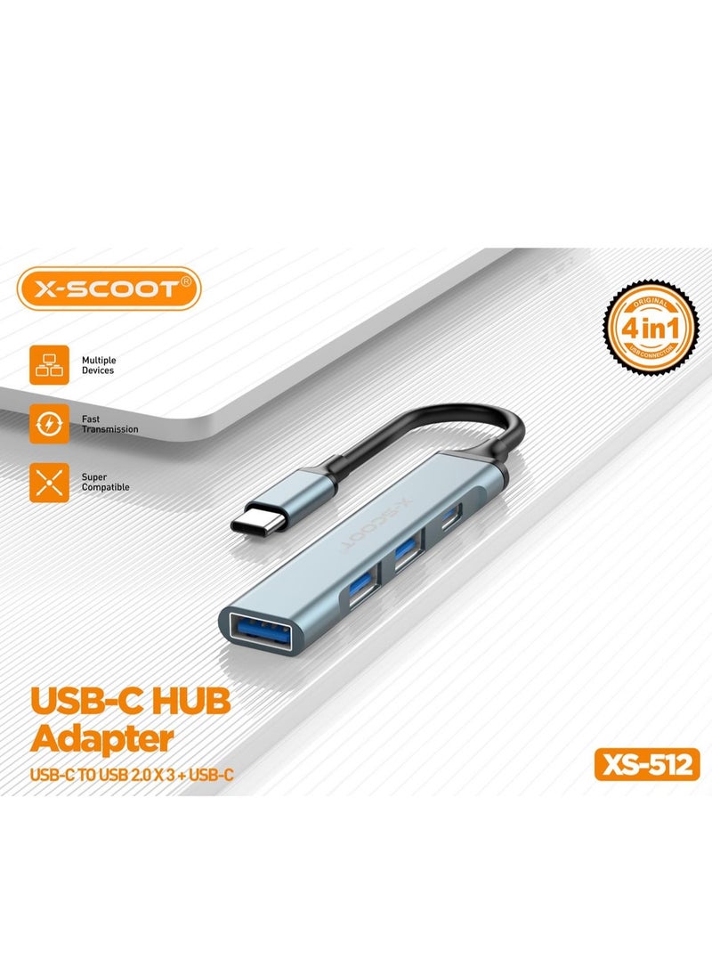 أكس-سكوت اكس سكوت XS-512 محول وموزع 4 فى 1 منفذ الإدخال: USB-C -منفذ الإخراج:  (1* تايب سى) سريع+(3منفذ يو اس بى) يعمل مع الهاتف واللاب توب  - Image 1