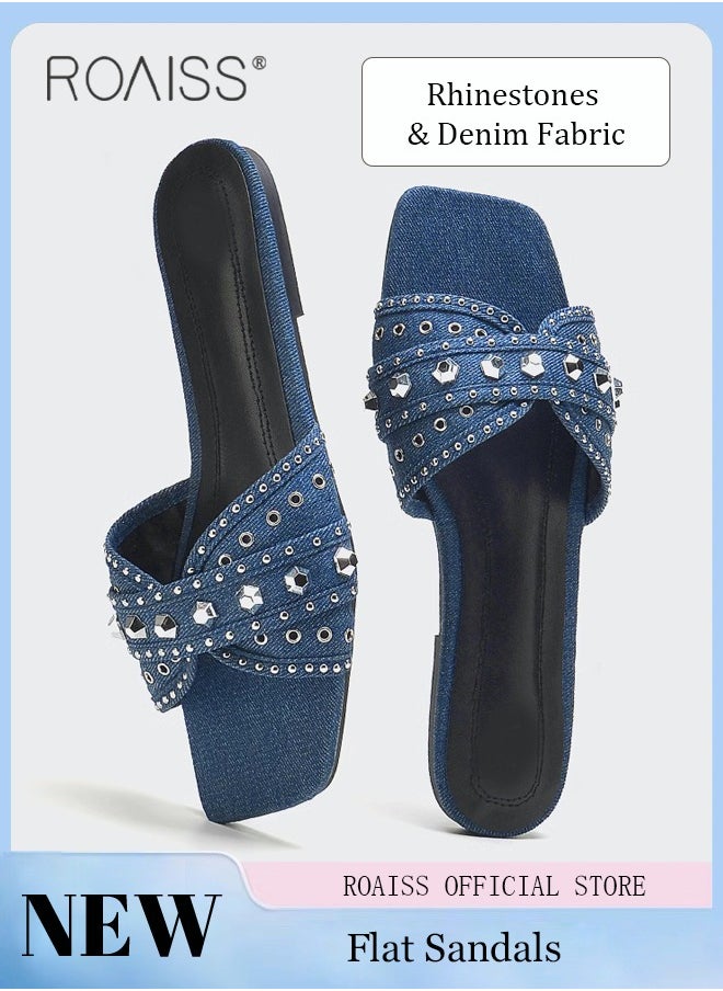 Square Toe Casual Sandals For Women Toe Open Denim Rivet Decoration Flat Slippers Outer Wear Stylish Shoes - pzsku/Z7F091621400DBFC45C6BZ/45/_/1722237676/2d1c04c4-0885-4e59-97ae-b420c688eea3