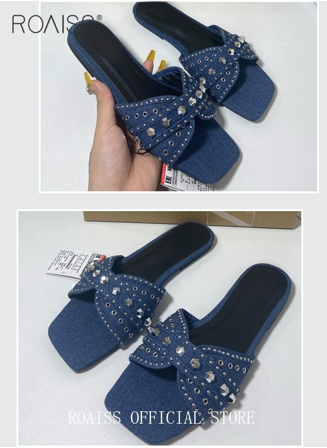 Square Toe Casual Sandals For Women Toe Open Denim Rivet Decoration Flat Slippers Outer Wear Stylish Shoes - pzsku/Z7F091621400DBFC45C6BZ/45/_/1722237677/94ad77ae-52a4-4904-a1d4-5373f9906be2