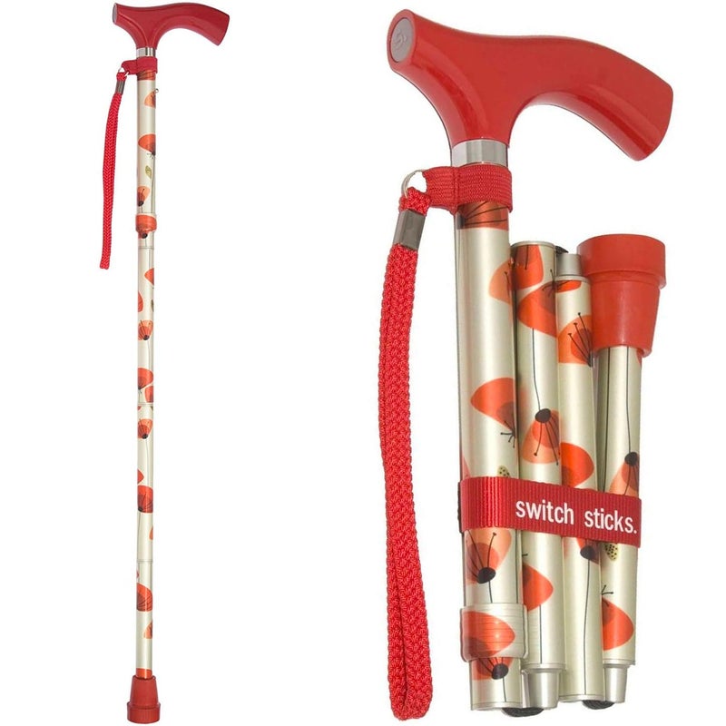 Switch Sticks Walking Cane for Men or Women, Foldable and Adjustable from 32-37 Inches, FSA and HSA Eligible, Poppies - Image 1